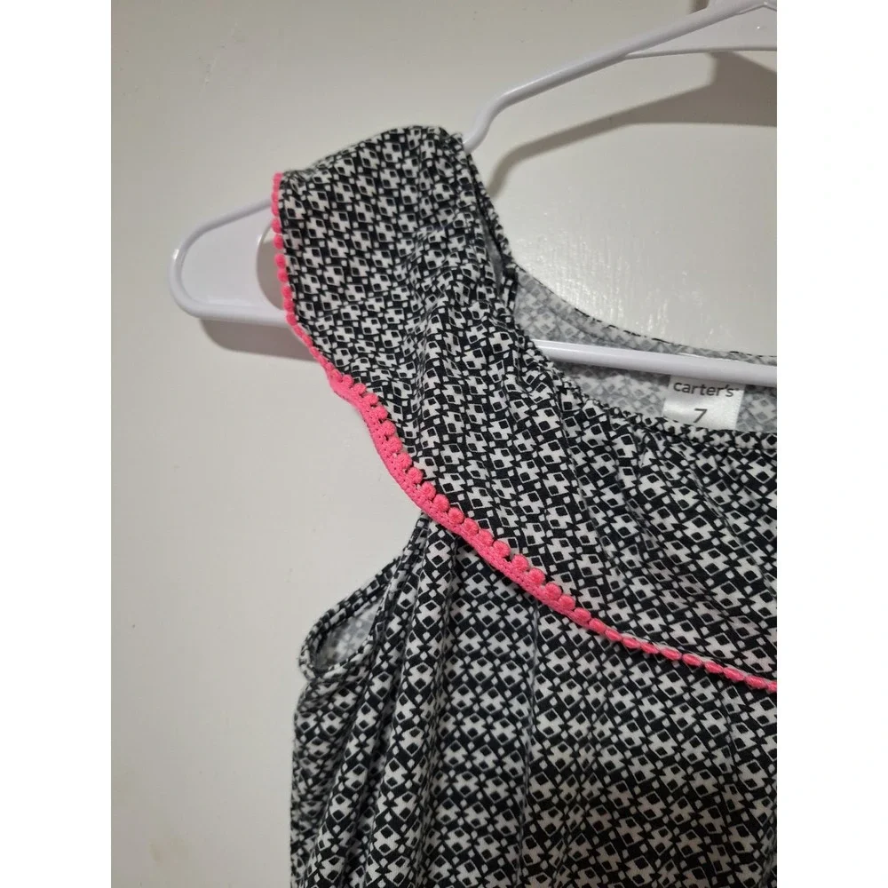 Carter's Girls Dress Size 7 Black White Geometric Ruffle Collar Pom Pom Trim